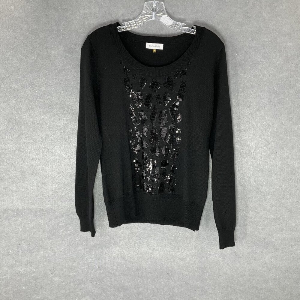 Calvin Klein Sweater Women Sz M Black Sequin Wool Blend Round‎ Neckline Pullover